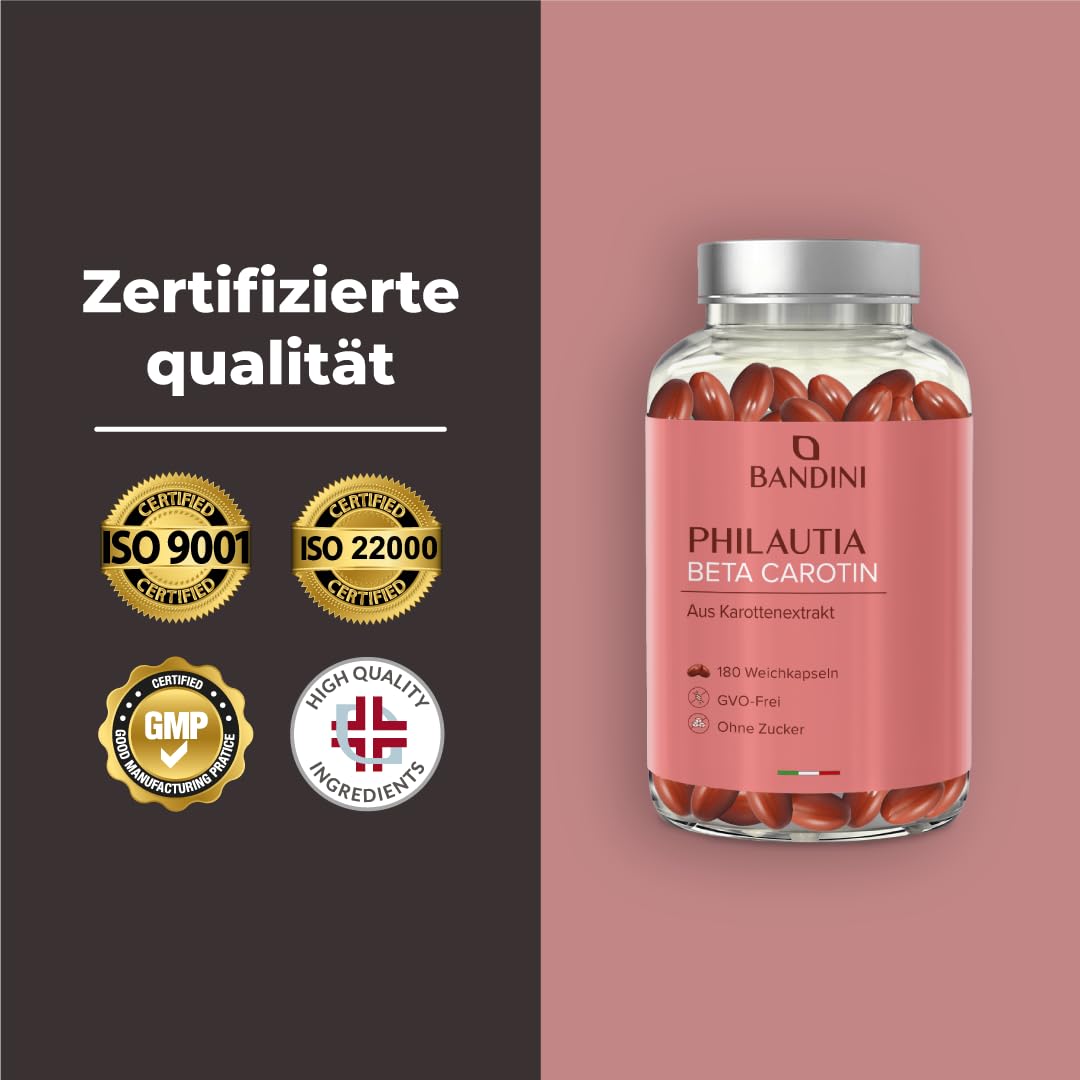 Bandini® Beta Carotin 180 Softgels | Beta-Carotin Bräunungskapseln | aus natürlichem Karottenextrakt | Vitamin A Hochdosiert für einen strahlenden Teint | Sehkraft, Haut & Immunsystem | 90 Tage