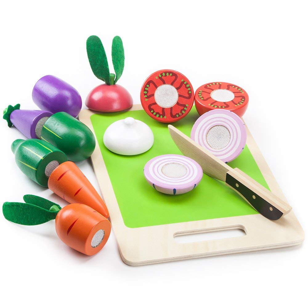 Wood Eats! Veggie Slicers Playset - Includes Eggplant, Tomato, Onion, Radish, Carrot, Zucchini Wooden Vegetables and Safe Knife - Teaches Fractions and Refines Motor Skills by Imagination Generation
