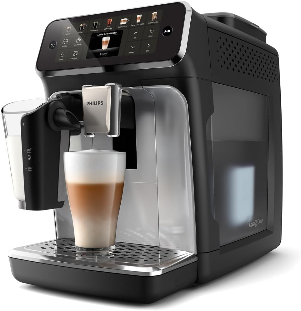 Philips Fully Automatic Coffee Machine Series 4400-12 Beverages, LatteGo, SilentBrew, Intuitive Display, 2 User Profiles, 12 Settings for Ceramic Grinder, Black Silver - EP4446/70