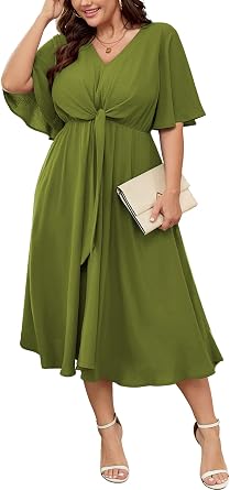 SCOMCHIC Women Plus Size Midi Dresses Wedding Guest Short Sleeve V Neck Tie Waist Casual Summer Flowy A Line Dress