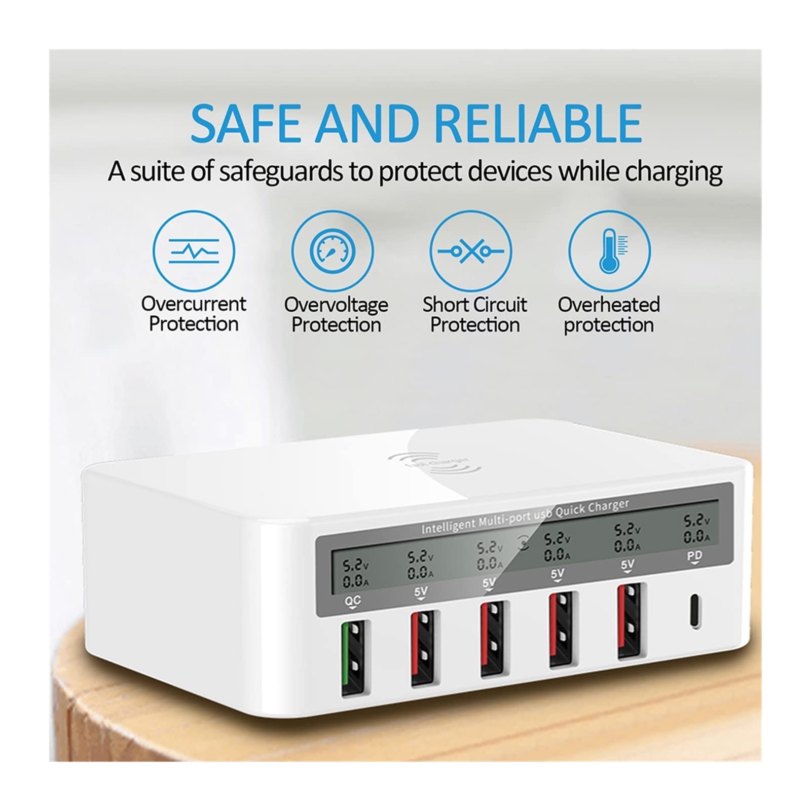 Chargeur USB, Station de charge USB 40 W, 6 ports USB rapides for station d'accueil, chargeur sans fil, organiseur de chargeur multi-appareils for téléphones, tablettes, smartphones(White wireless)