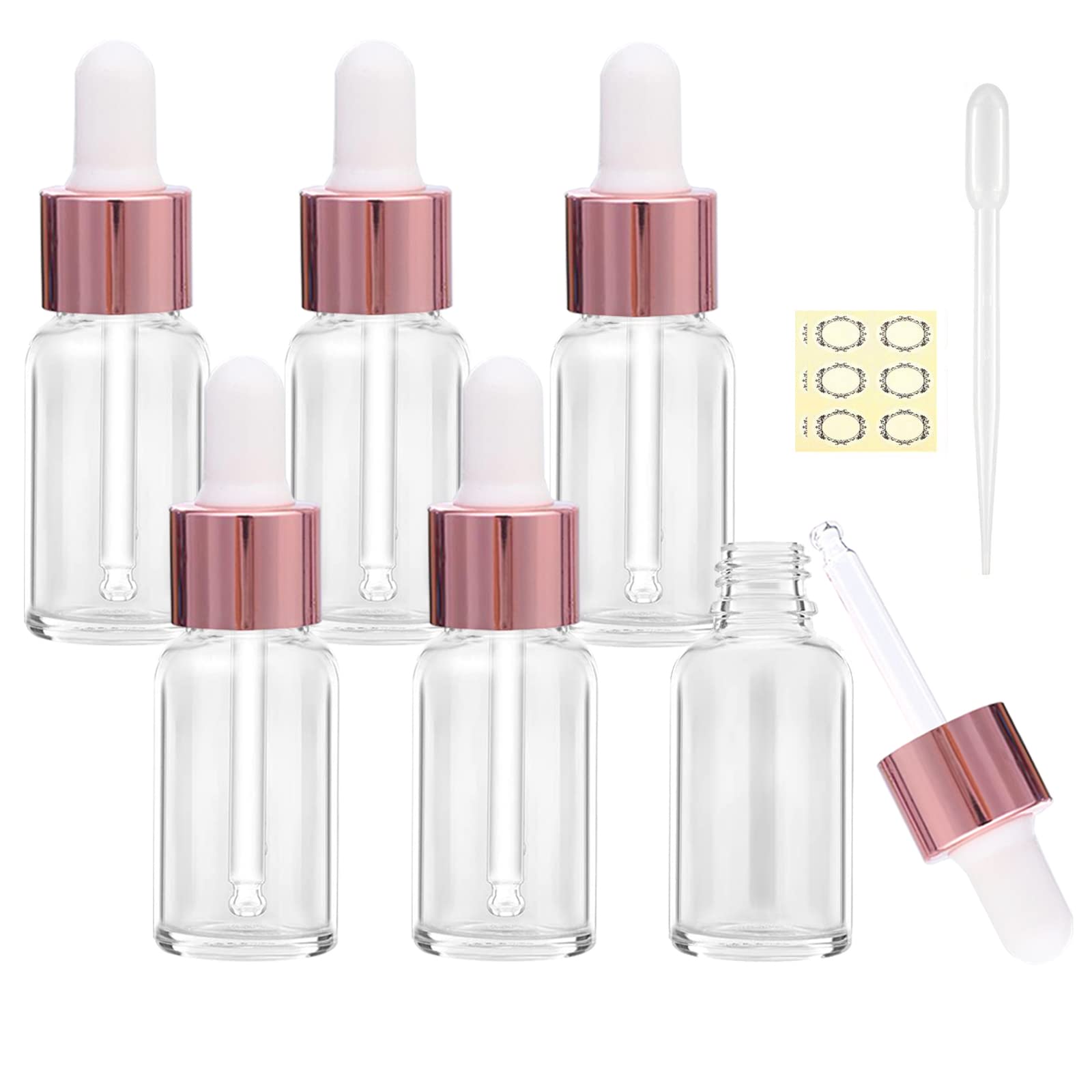 Alledomain Bottiglie in vetro oro rosa da 20 ml con pipette contagocce, bottiglie vuote contagocce, tappo in metallo oro rosa ricaricabile, miscele per aromaterapia, liquido chimico