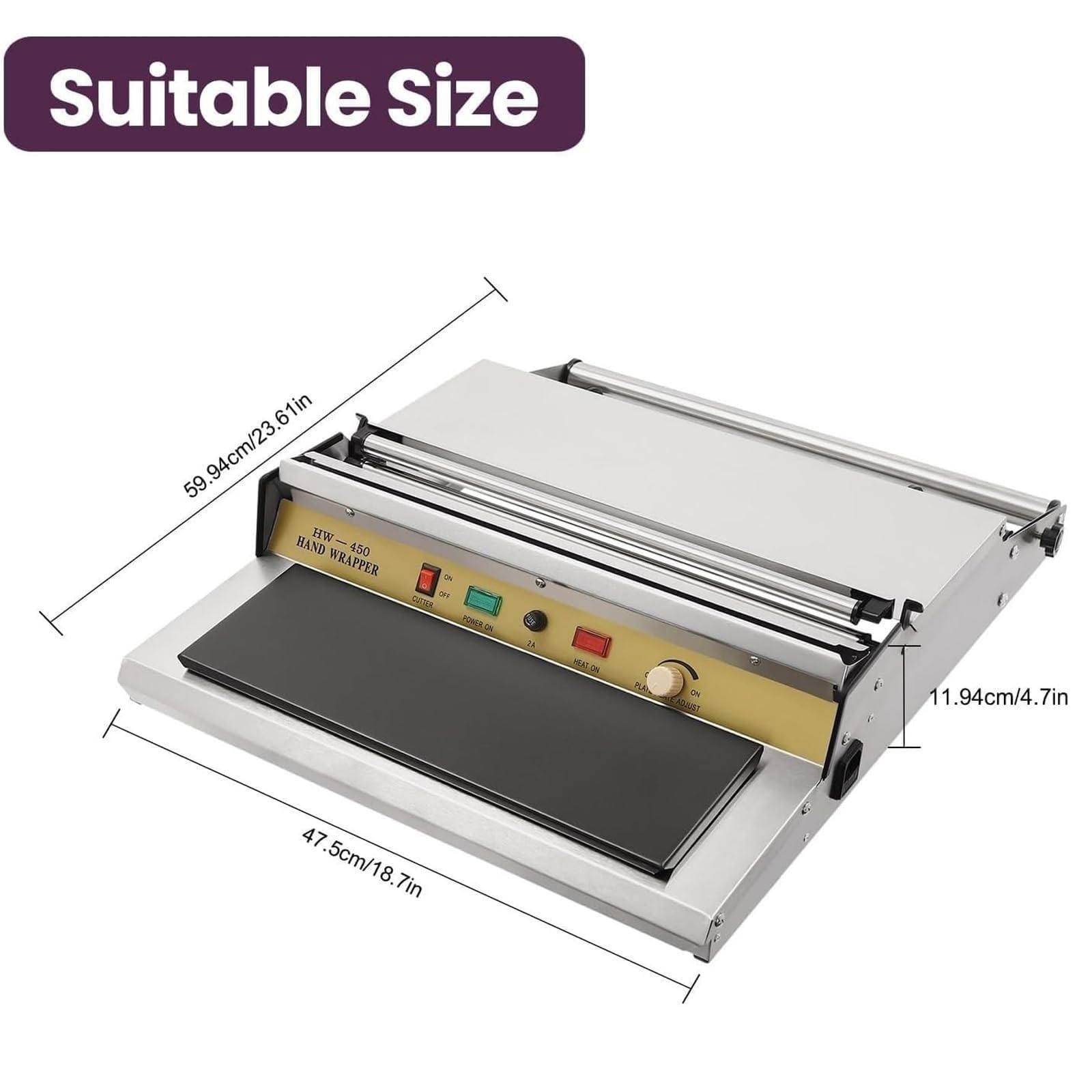 Dispensador película envoltura alimentos mano 300W for envasado alimentos | Máquina envolvedora de película de 18 "/450 mm, dispensador de envoltura de película elástica, acero inoxidable, for carne