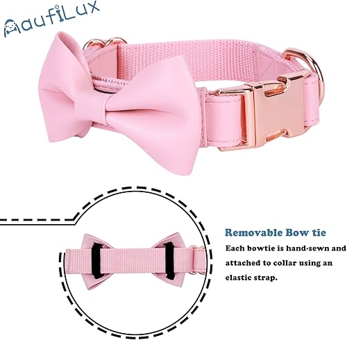 Miniatura 5 de Collar de perro con pajarita de cuero suave, ajustable, bonito lazo fácil de limpiar con elegante hebilla de metal resistente de oro rosa para