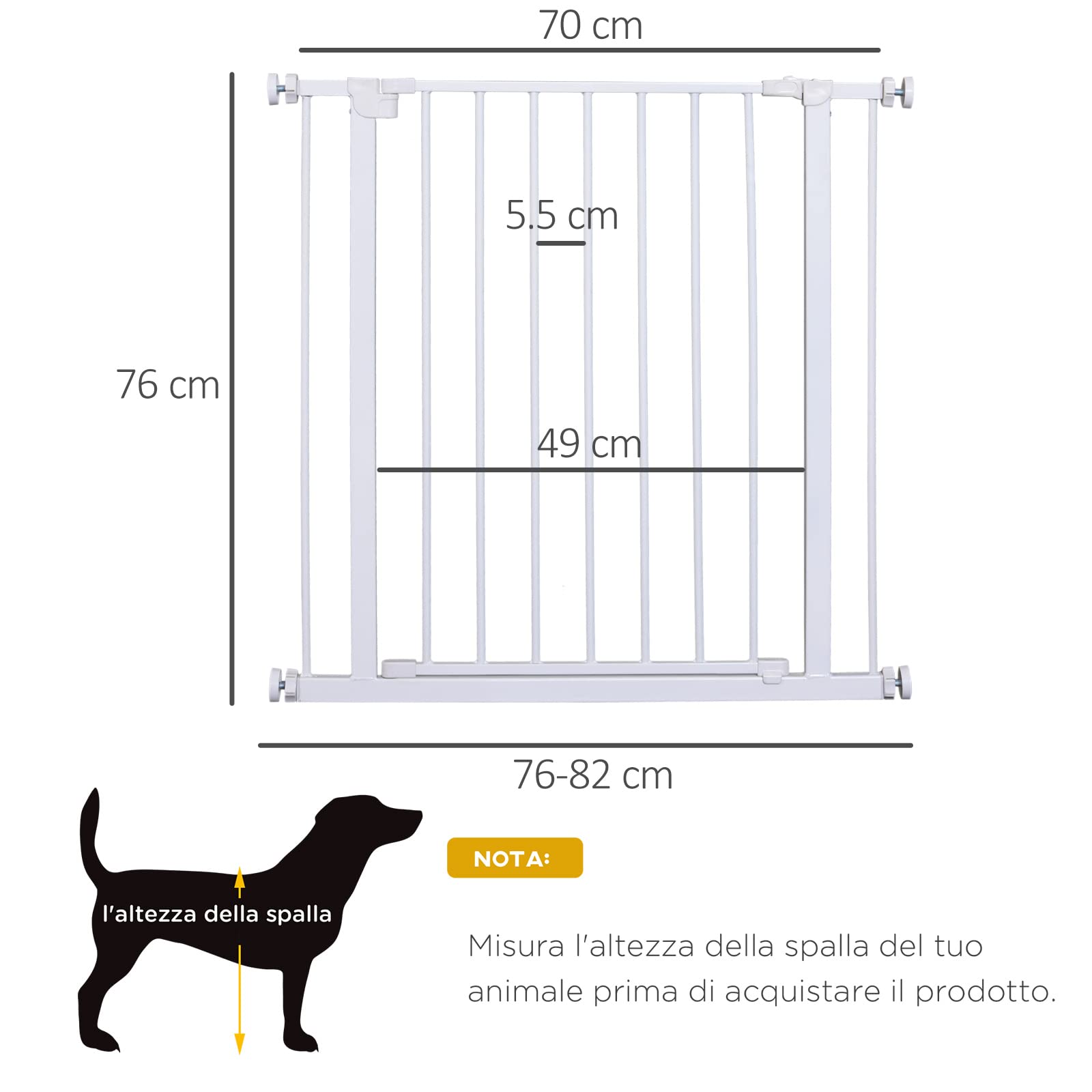 PawHut Cancelletto di Sicurezza per Animali Allargabile Facile Installazione con Supporti a Pressione Acciaio Resistente con una Finitura Verniciata a Polvere Bianco 76x76-82cm