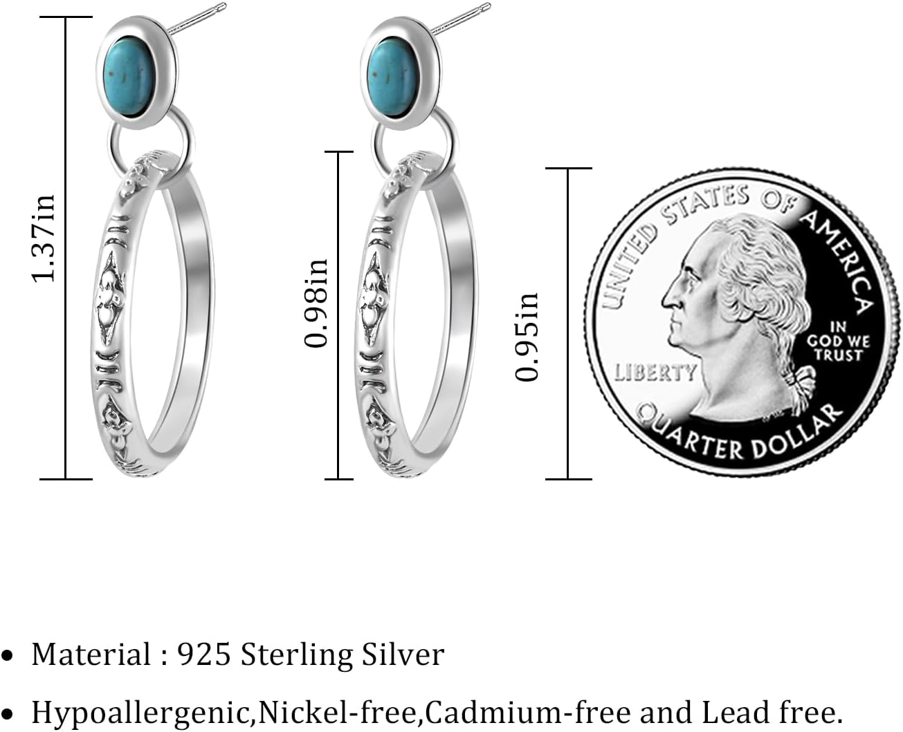 Natural Turquoise Gemstone Birthstone Stud Earrings with Circle Dangle Hoop Earrings Boho style for Vintage Western Jewelry - Image 5