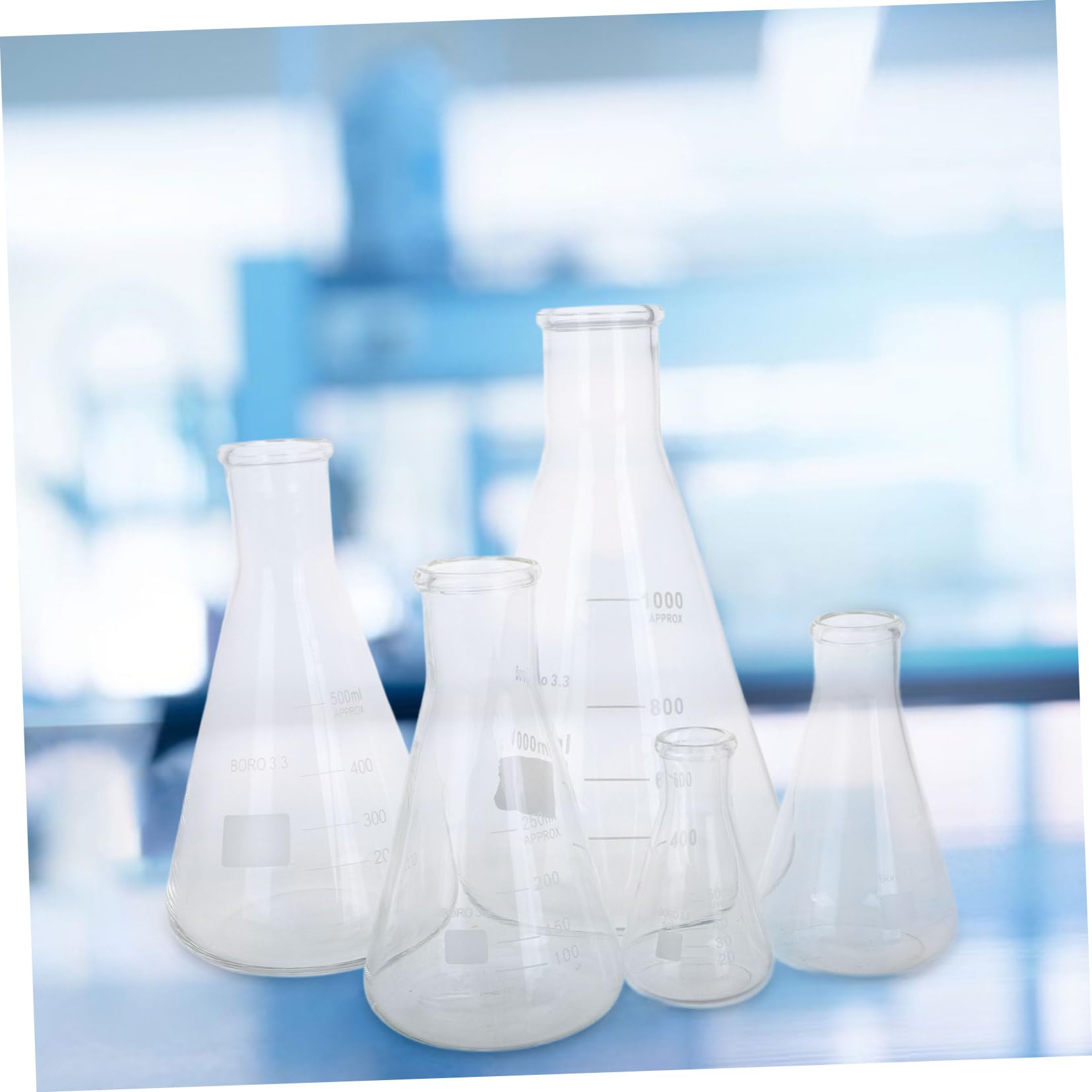 MAGICLULU Erlenmeyer Capacidad Variada 50ml a 1l de Vidrio Borosilicato Juego de 5 Matraces de Alta Resistencia Forma Cónica y Base Triangular, Accesorios Ideales para Laboratorio
