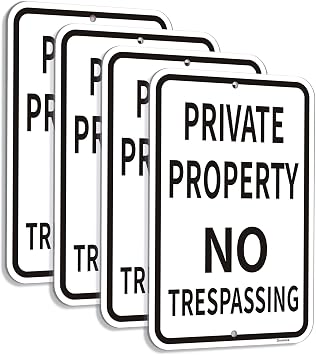 Large 4 Pack 18x12 inch Private Property No Trespassing Sign, Metal Rust Free Aluminum, Reflective, Outdoor Weatherproof, White
