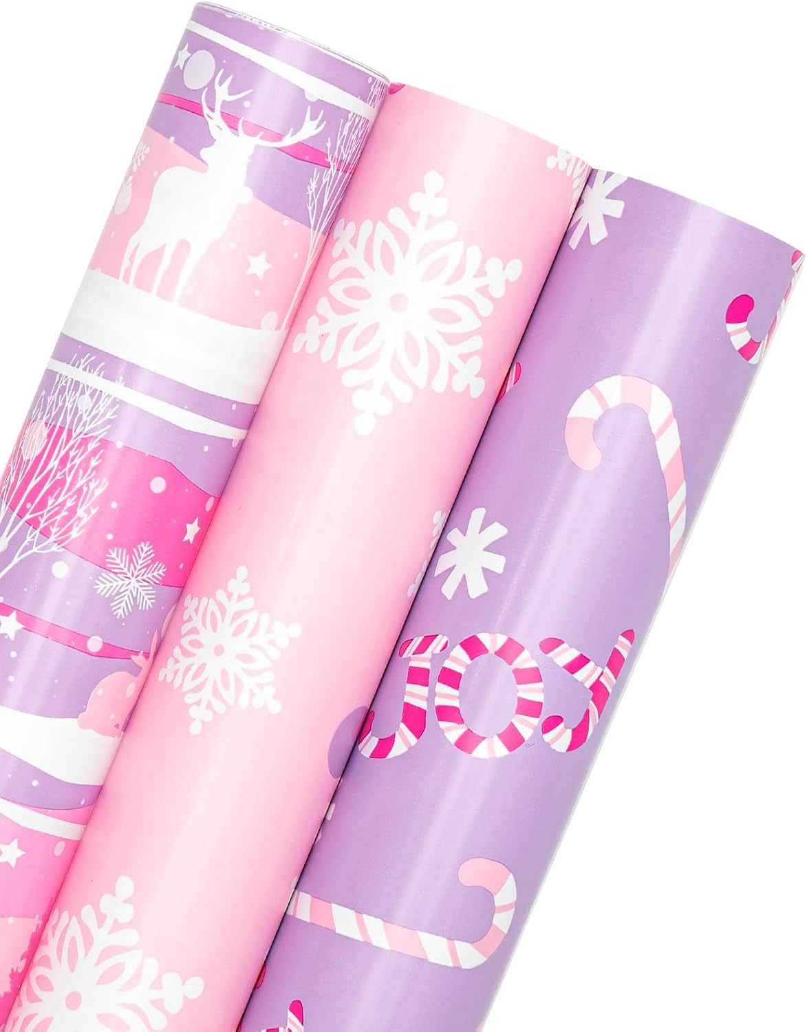 WRAPAHOLIC Christmas Wrapping Paper Roll - Mini Roll - 3 Rolls - 17 Inch X 120 Inch Per Roll - Pastel Pink and Purple Reindeer, Candy Cane with JOY, Snowflake Holiday Collection image 2
