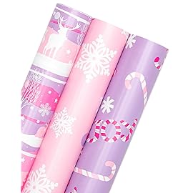 WRAPAHOLIC Christmas Wrapping Paper Roll - Mini Roll - 3 Rolls - 17 Inch X 120 Inch Per Roll - Pastel Pink and Purple Reindeer, Candy Cane with JOY, Snowflake Holiday Collection