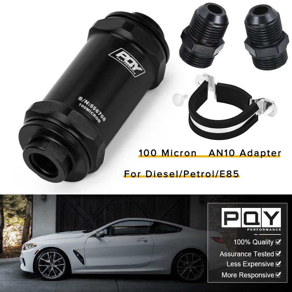 PQYRACING AN10 Inline PQY Fuel Filter E85 Ethanol with 100 Micron Stainless Steel Element and PQY Sticker