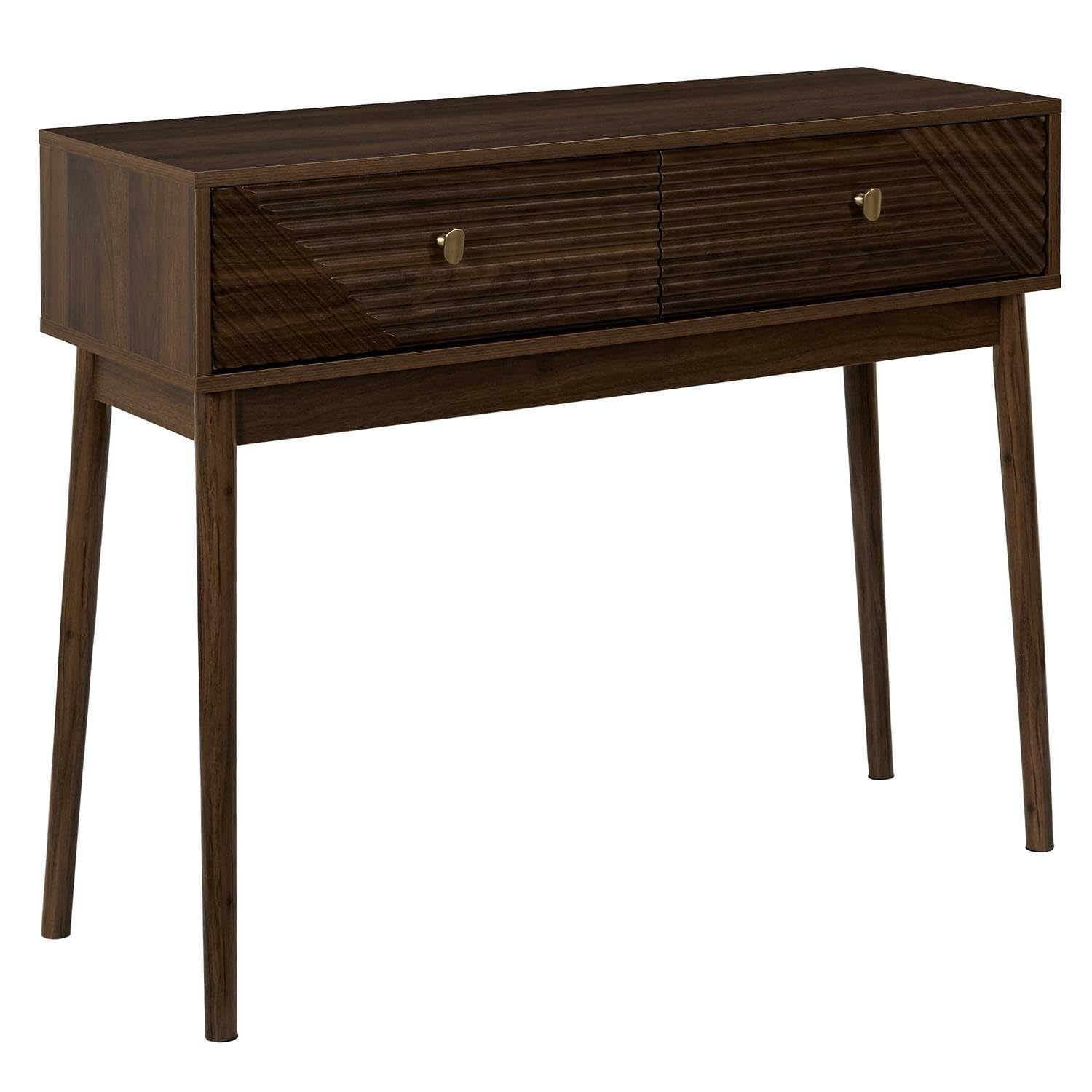 Consola con frentes geométricos color nogal oscuro con 2 cajones asas diseño delgado pasillo sala de estar dormitorio retro moderno