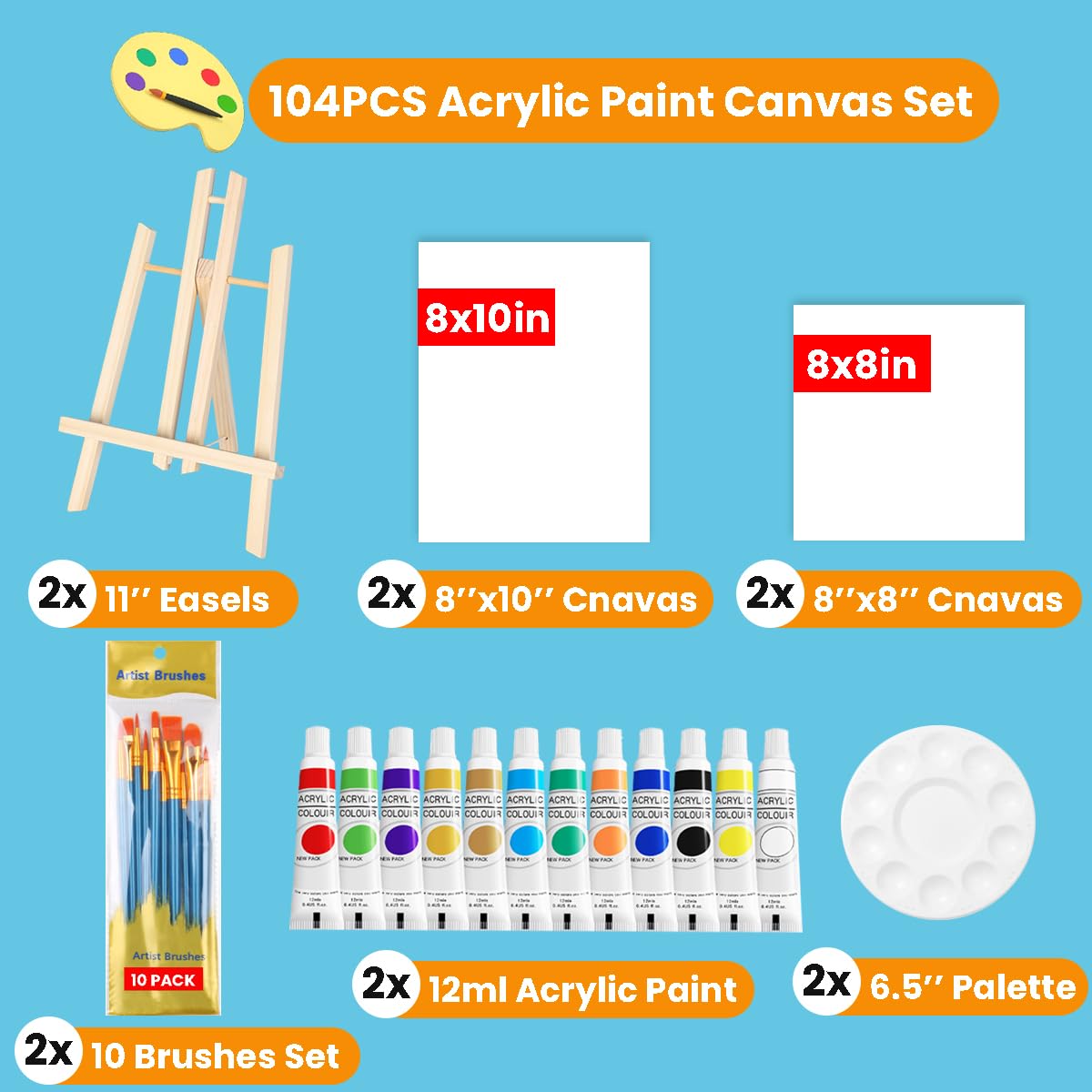 52 Pack Canvas Painting Kits for Kids Adults, 2 Set 12 Color Acrylic Paint Canvas and Easel Set for Party, 8 x 10in and 8 x 8in Canvas Paint Party Supplies Kit for Painting