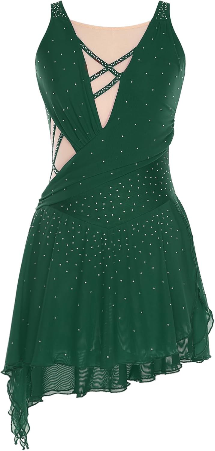 renvena Women's Shiny Rhinestones Flower Ice Skating Dress for Stage Performance Dance Events