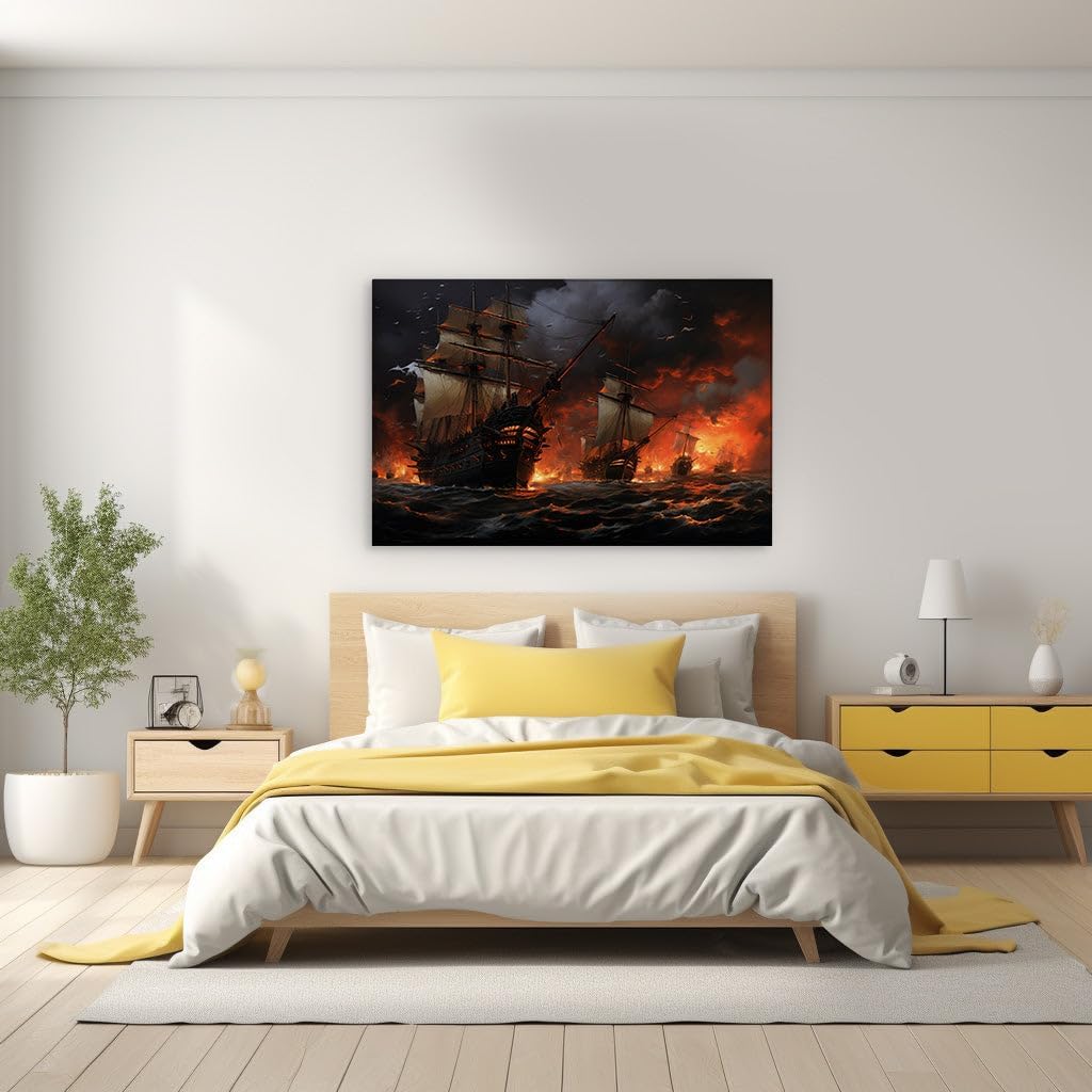 Canvas for Living room. Clash of Titans on the High Seas: The Fury of Flames and Feathers Against a Tempest's Roar, 27 x 18 inch Canvas Wall Art - Ready to Hang - 69x46 cm (27x18 inch)