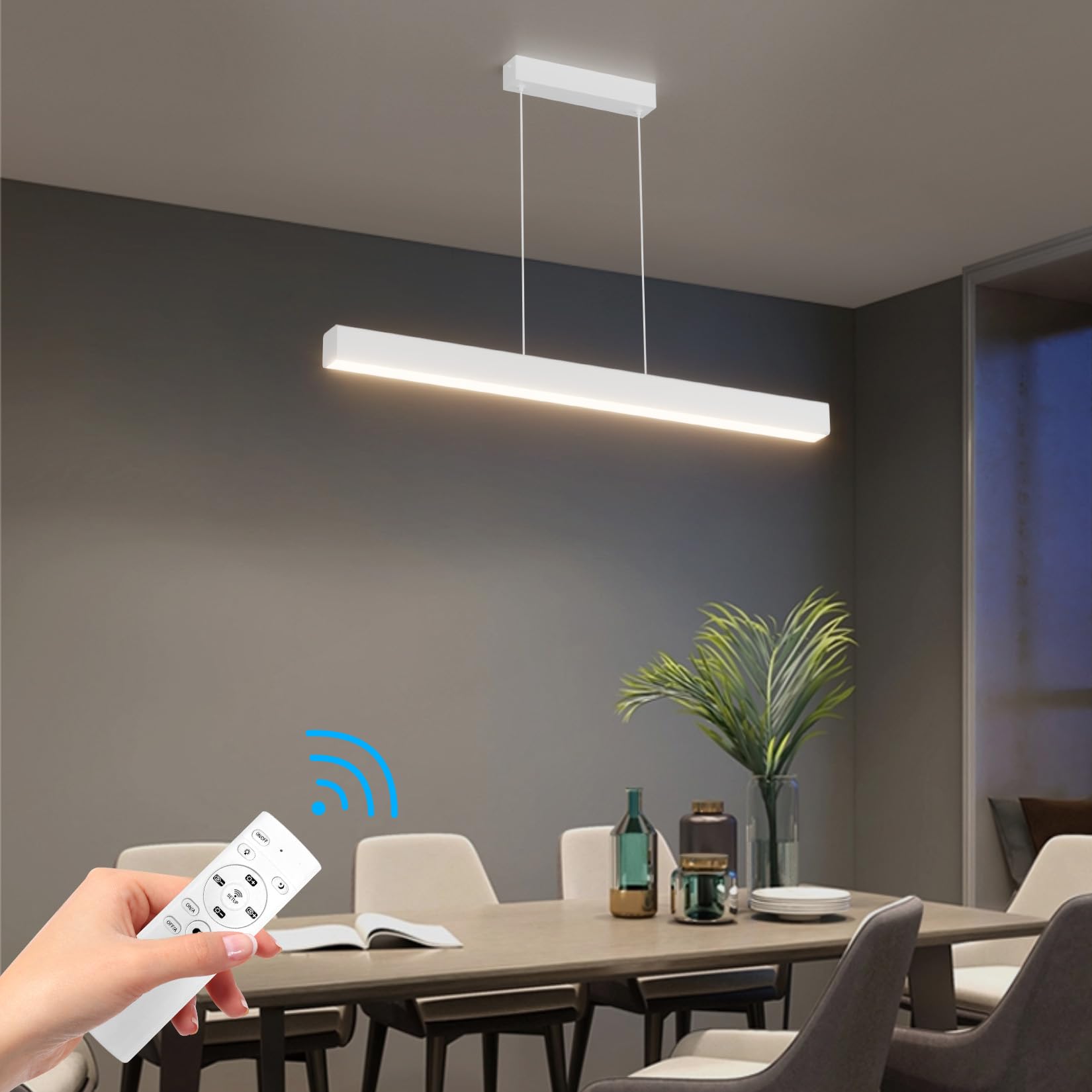 Klighten Led Lampada a Sospensione Da Tavolo Da Pranzo 80cm/24W, Dimmerabile 3000K-6000K Moderna Luce a sospensione Con Telecomando, 150cm Moderna Lineare Regolabile,per Cucina Soggiorno, Bianco