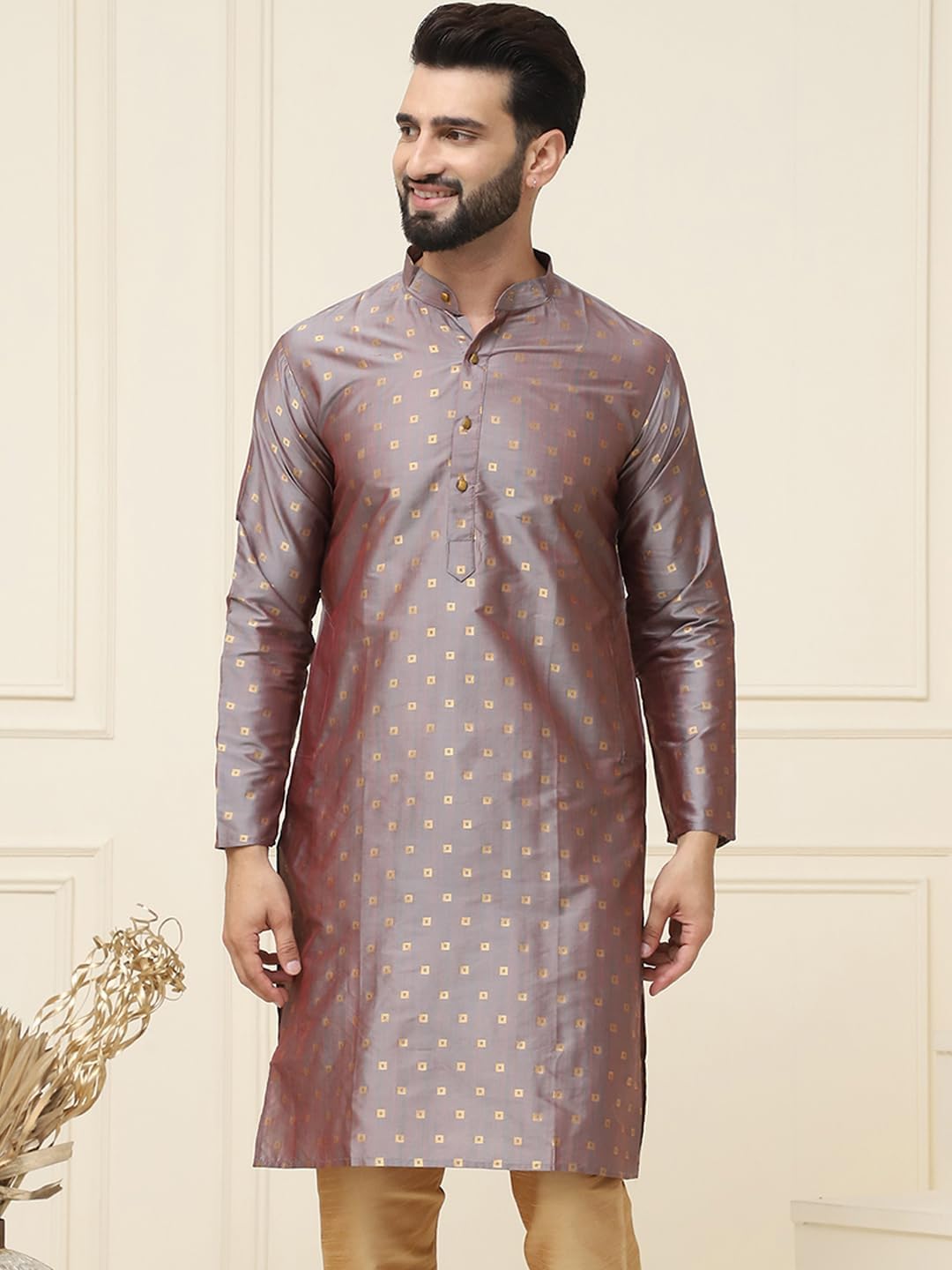 Size Medium 38 Color Brown Sojanya (Since 1958 Men'S Silk Blend Printed Only Long Kurta