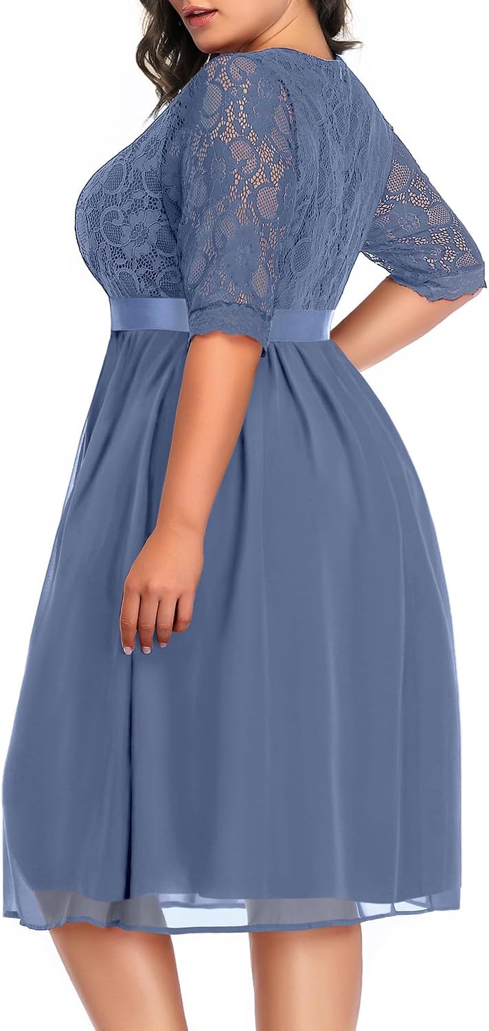 Pinup Fashion Plus Size Lace Chiffon Wrap V Neck Dresses Women Cocktail Wedding Guest Midi Dress