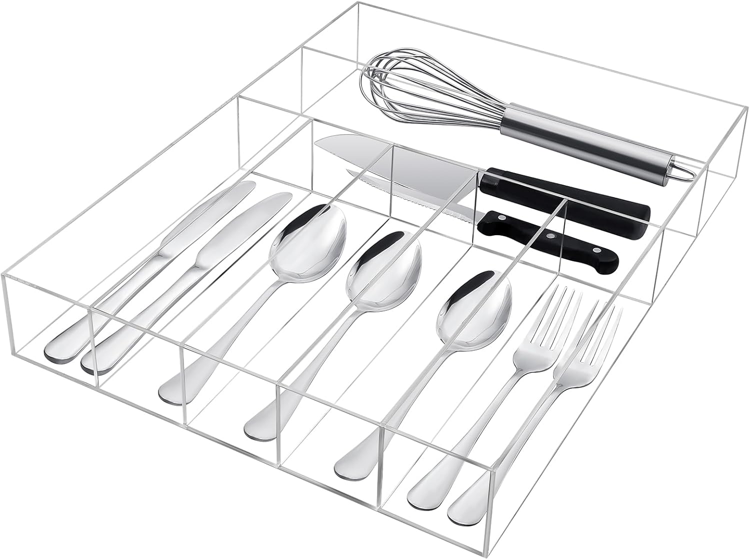 Baderke Clear Acrylic Silverware Drawer Organizer, Expandable Kitchen Drawer Organizer for Flatware and Utensils, Large 7 Grid Flatware, Silverware Tray, Utensil Organizers for Kitchen Drawers