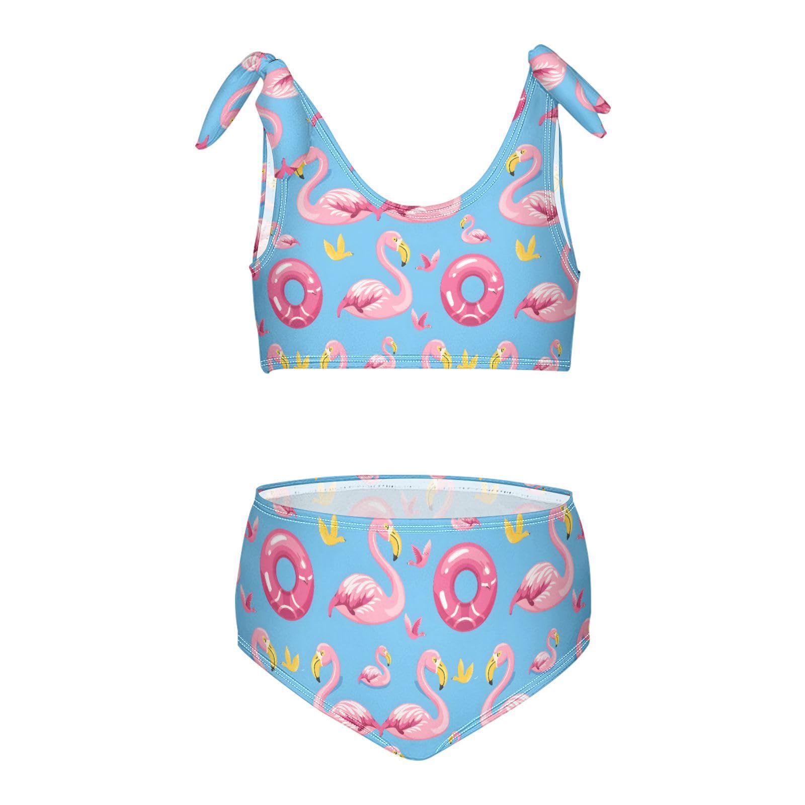 Cute Flamingo Swimming Girls Two Piece Tankini Swimsuits Summer Bathing Suit Beach Swimwear Set, 11-12T