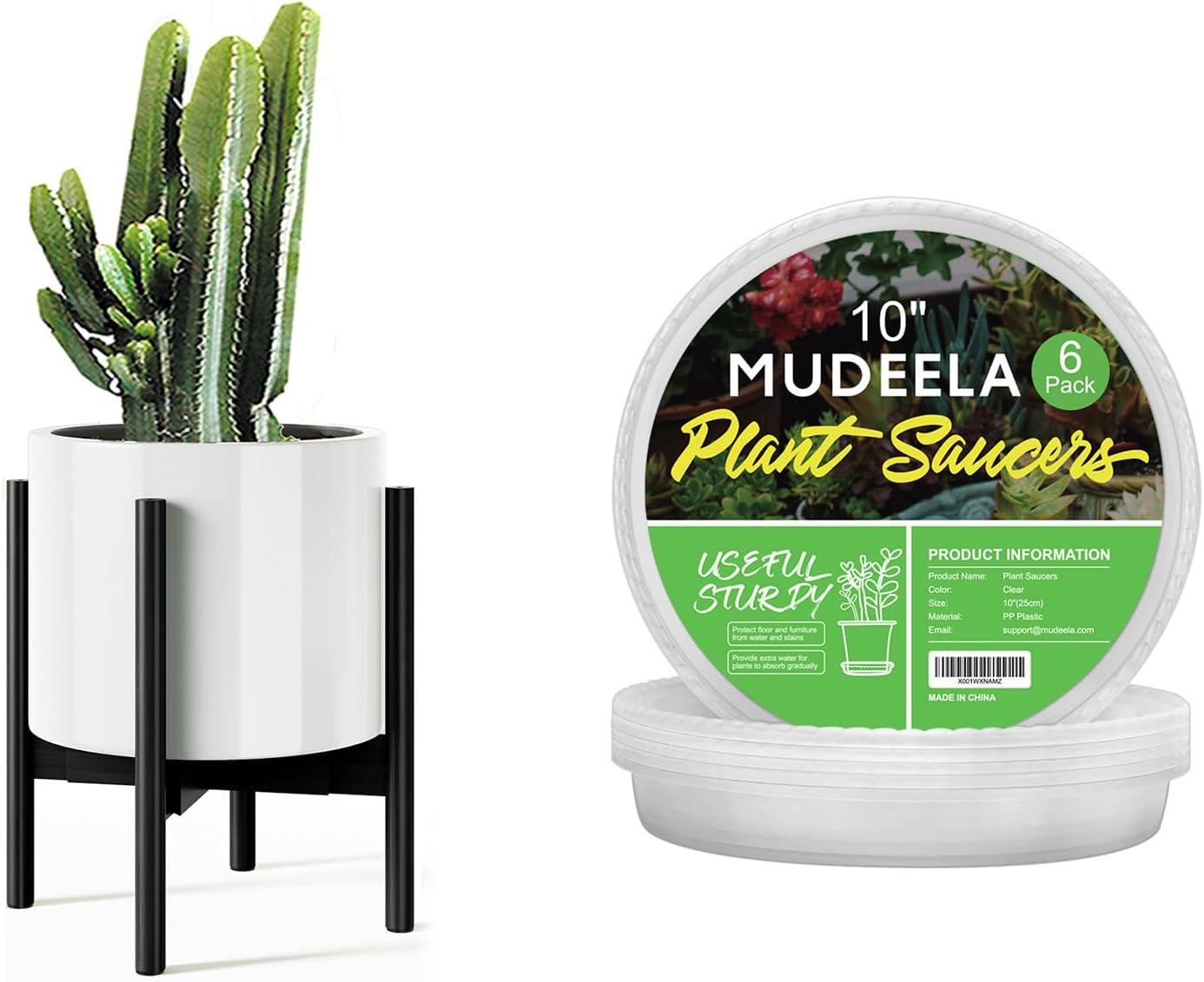 MUDEELA Plant Stand Black 1 Pack and 10" Plant Saucers 6 Pack