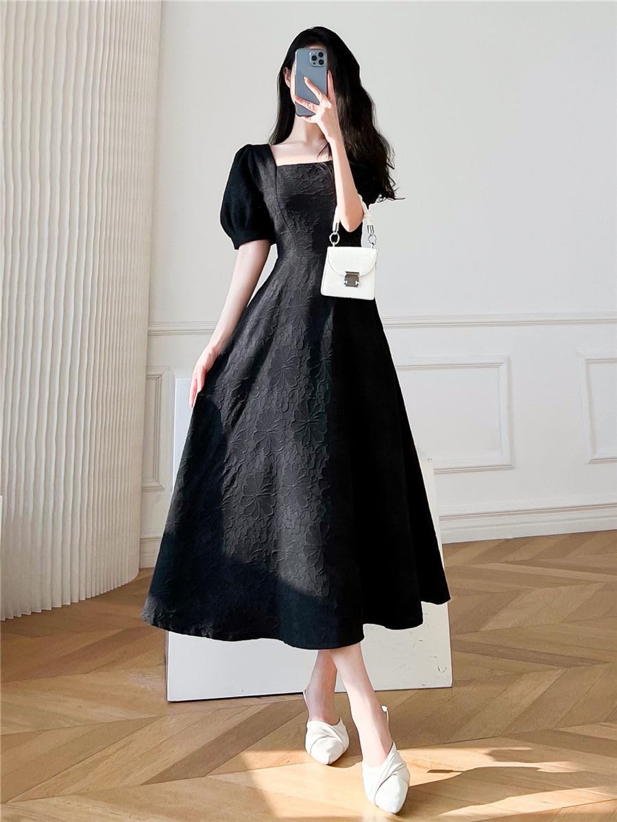 QQLady 2023 Französisches Kleid mit quadratischem Ausschnitt, Damen-Sommerkleid mit quadratischem Ausschnitt und Puffärmeln, Retro-Taille, schlankmachendes, sanftes Kleid (White,Small)