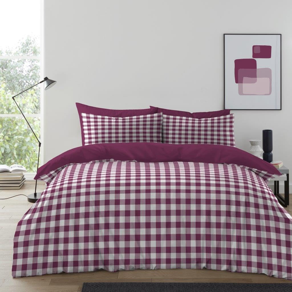 GC GAVENO CAVAILIA Gingham Check Double Duvet Set - Microfiber Tartan Check Bedding Double Bed Set With Pillow Cases - Hypoallergenic & Machine Washable Reversible Quilt Covers Bed Set, Mulberry