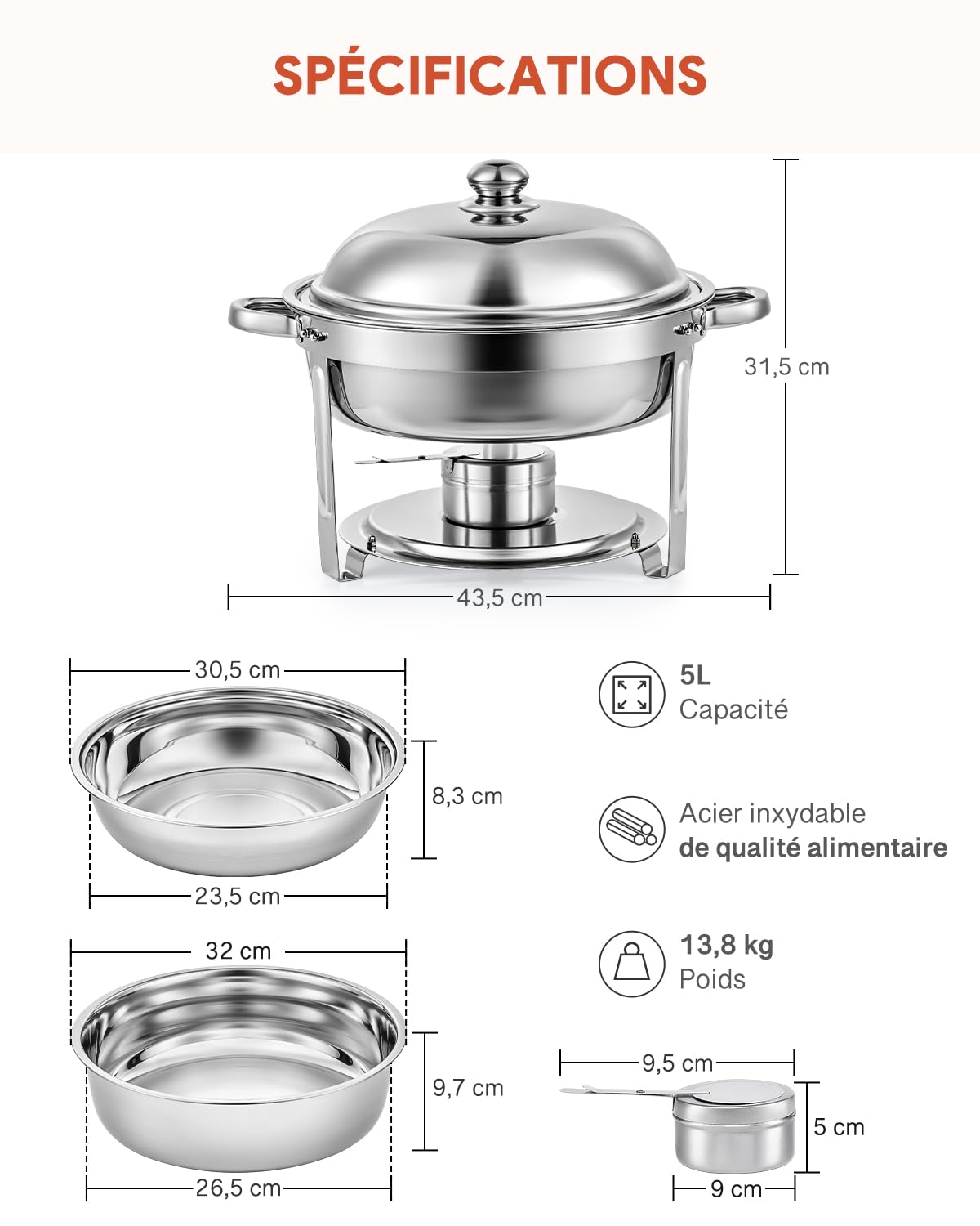 Wilprep Buffets Chauffants Ronds 6PCS Chafing Dish 5L en Acier Inoxydable avec Couvercles Plats Bains Maries Supports de Combustible pour Restaurants Traiteurs Fêtes Mariages Pique-niques