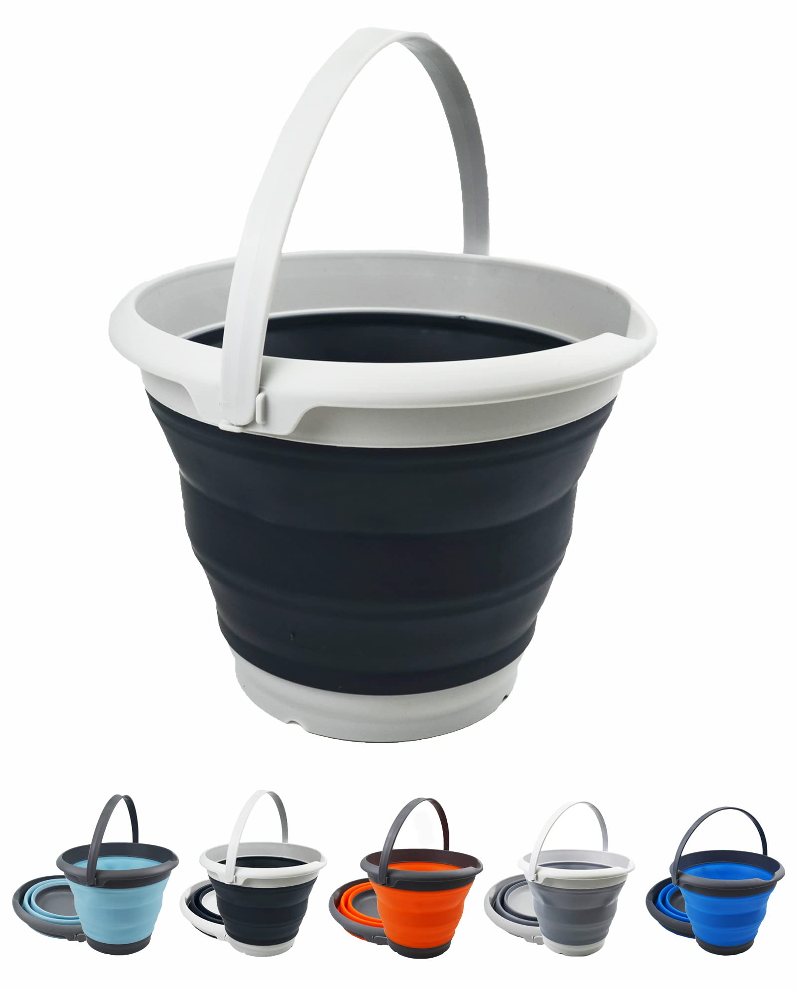 SAMMART 8.5L Collapsible Plastic Bucket - Foldable Round Tub - Portable Fishing Water Pail - Space Saving Outdoor Waterpot. Size 31cm Dia (Grey/Black)