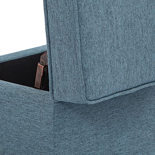 Adeco 17’’ Square Ottoman With Storage- Small Storage Ottoman Foot Rest With Hinged Lid- Blue Faux Linen Fabric Upholstered Footstool With Sturdy Wood Legs #TOP5