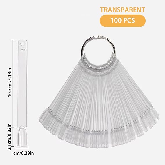 Nail Swatch Sticks, 100 Pcs Clear Fan Display with Ring | 100 clear nail swatch sticks with ring, ideal for salon display & practice nails, keep colours organised at a glance.