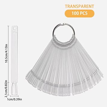Nail Swatch Sticks, 100 Pcs Clear Fan Display with Ring | 100 clear nail swatch sticks with ring, ideal for salon display & practice nails, keep colours organised at a glance.