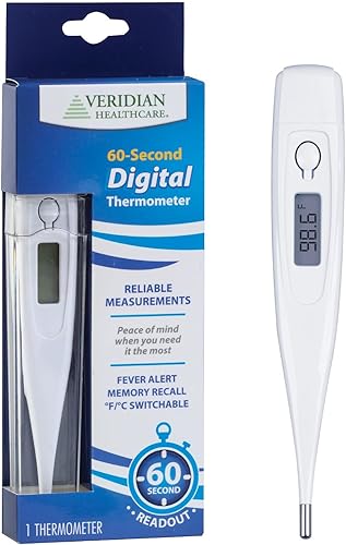 Veridian Termómetro digital  Lectura de 60 segundos  Alerta de fiebre + recuperación de memoria  Punta rígida clínica  Higiénico resistente al agua
