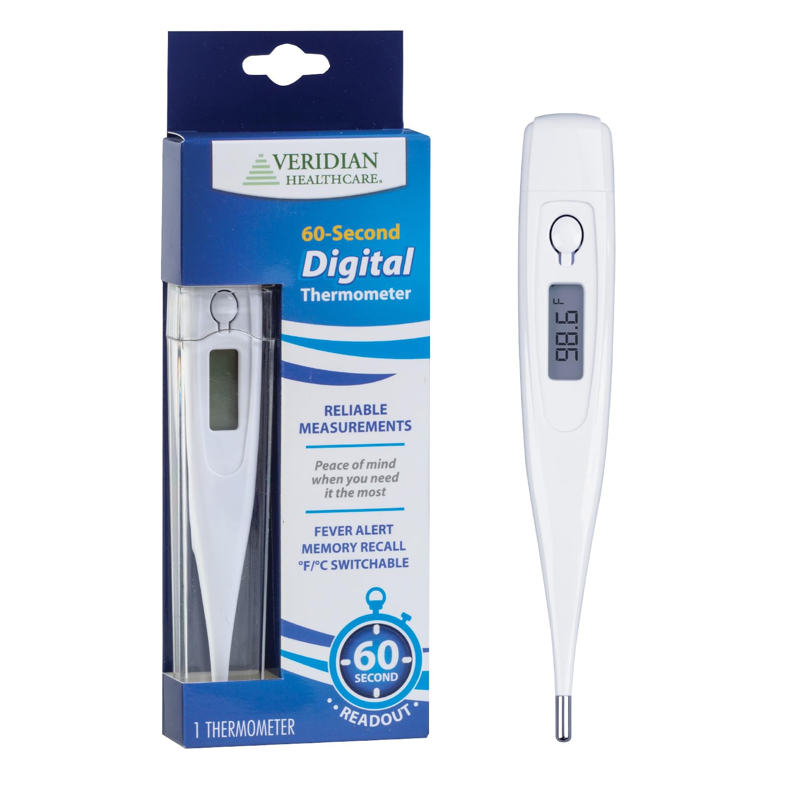 Veridian Digital Thermometer 60-Second Readout Fever Alert Memory Recall Clinical Rigid Tip Hygienic Water-Resistant Easy Cleaning Storage Case