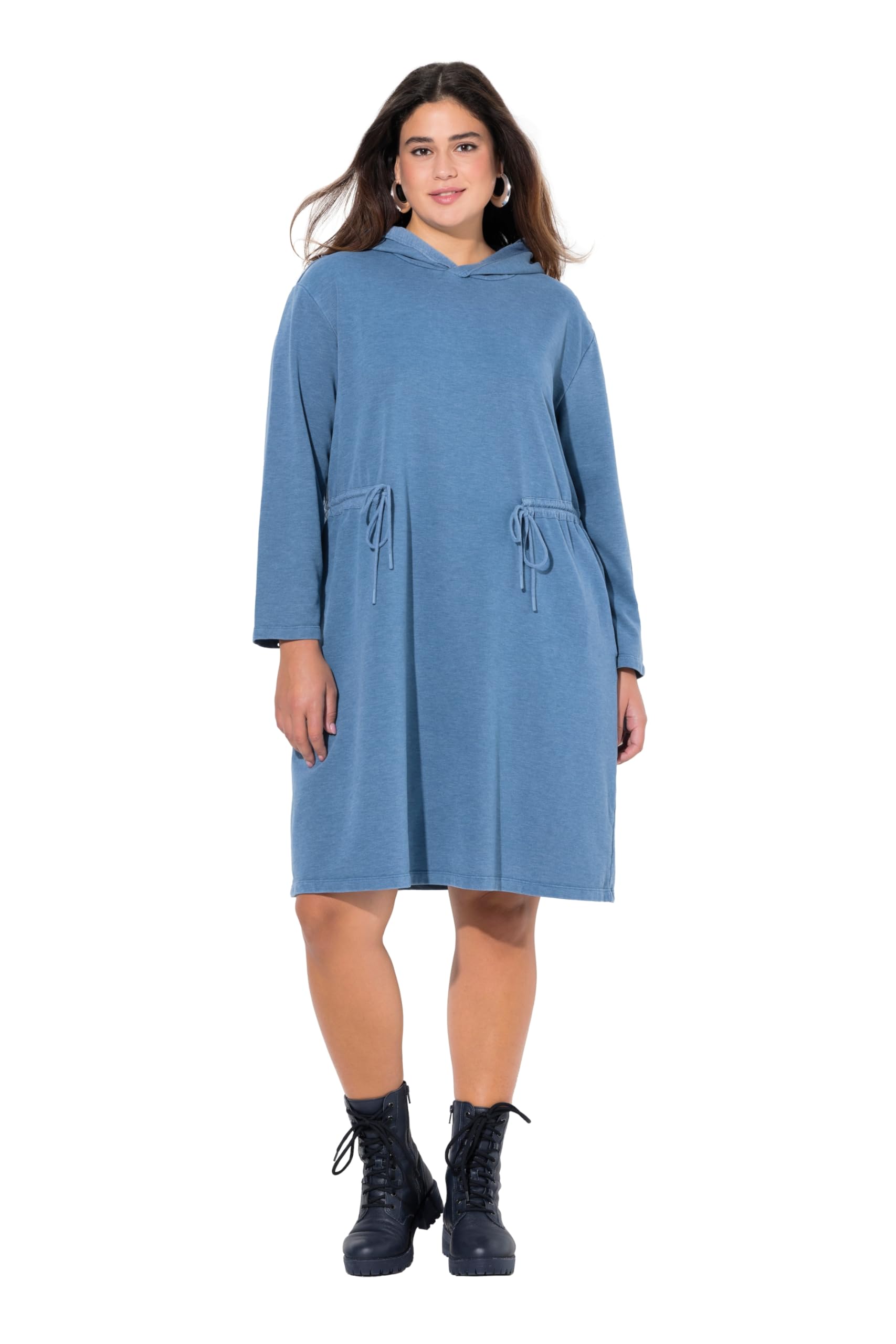 Ulla Popken Damen große Größen Übergrößen Plus Size Hoodiekleid, A-Linie, Sweat, Kapuze, Raffbänder, Langarm 834536