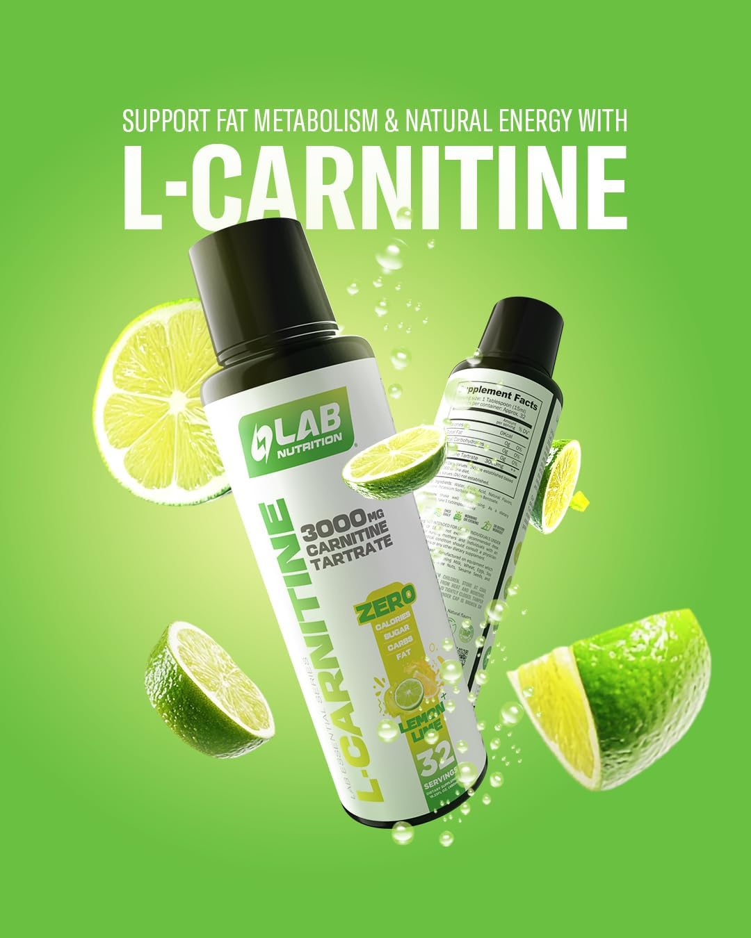 Lab Nutrition L-Carnitine 3000 MG Liquid Presentation, Supplement Drink, Stimulant Drink, Metabolic Energizer Workout Drink for Performance and Muscle Recovery, 31 Servings (16 oz, Lemon Lime)