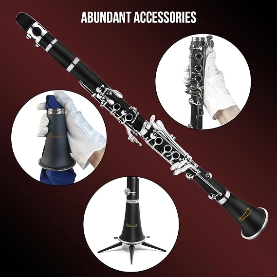 Soulmate Clarinet for Beginner Student Adults 17 Keys Bb Clarinet Set with 2 Barrels Hard Case 10 Reeds and Cleaning Kit, Professional Black