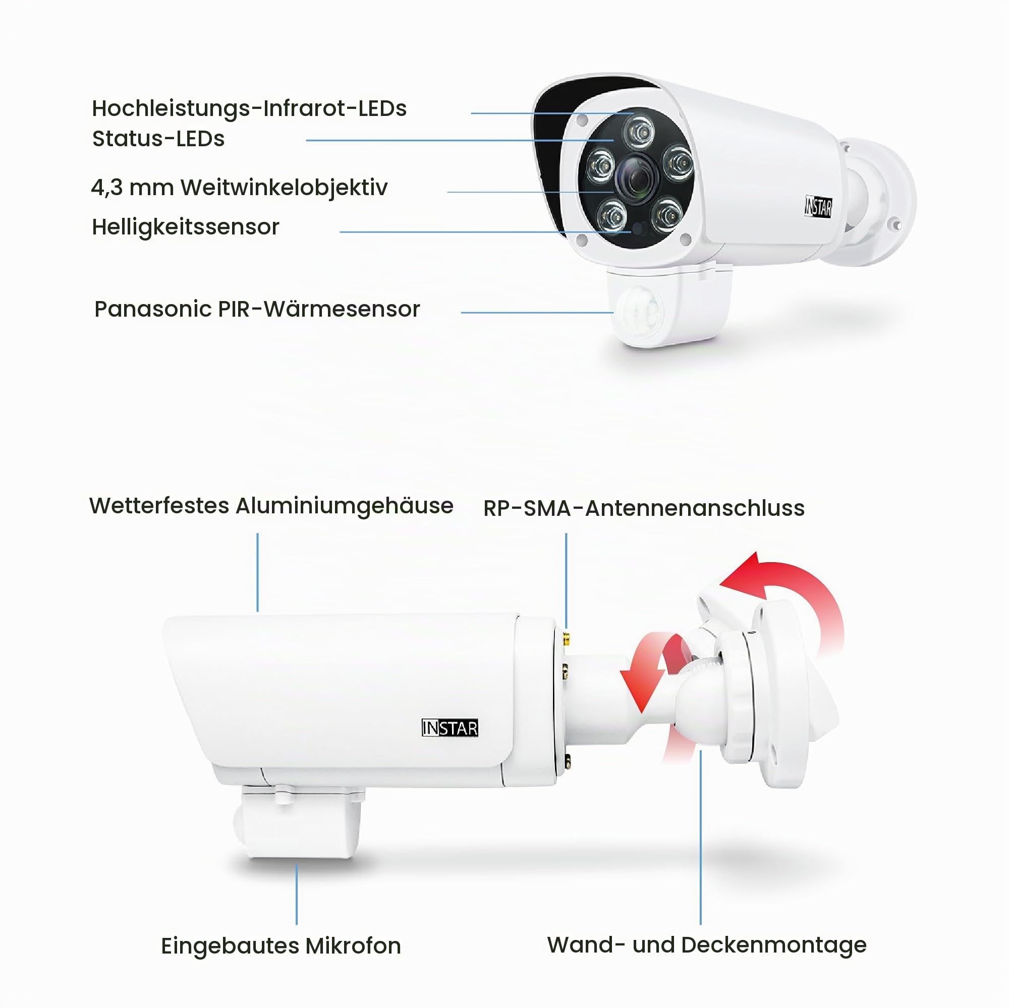 INSTAR IN-9808 4K Überwachungskamera Außen weiß, LAN/WLAN/PoE, HomeKit Secure Video, AI-Personenerkennung, IR-Nachtsicht, Mikrofon, Audio, PIR, RTSP, WPA3, MQTT, NDAA/TAA