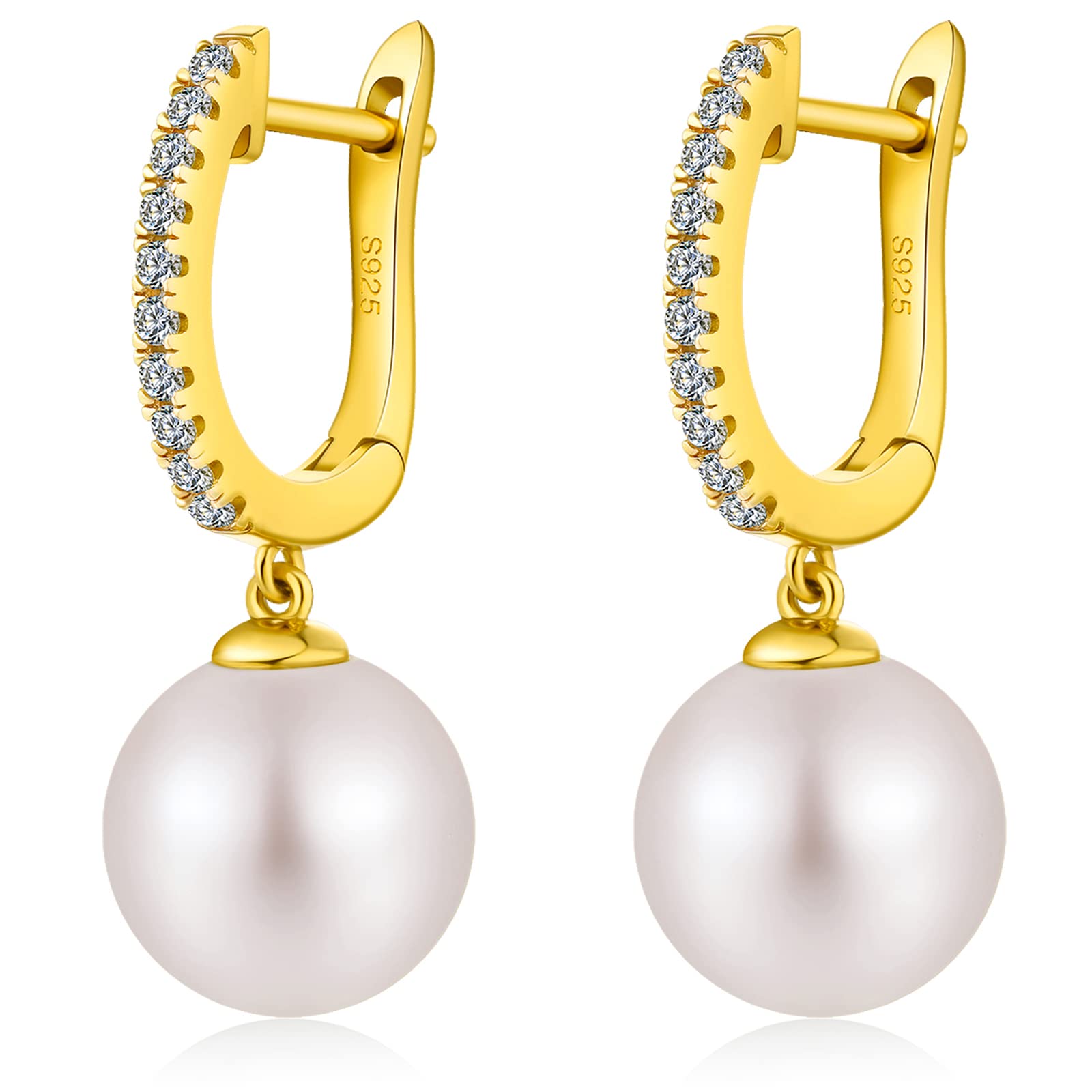 jiamiaoi Glänzend Perlenohrringe Silber 925 Hängend Perlen Ohrringe Silber Hängend Damen Ohrringe Silber Perle mit 4a Zirkonia Creolen mit Perlen Süßwasserperle 10MM