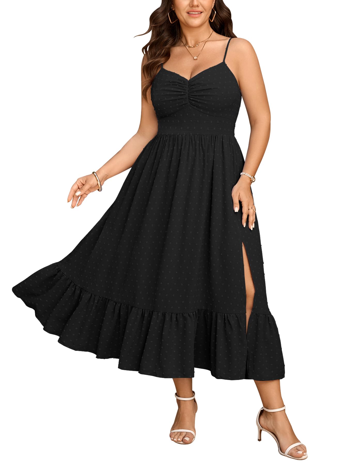 Photo 1 of [DAMAGED STRAPS] SCOMCHIC Women's Plus Size Summer Dresses Spaghetti Strap Sundress Sweetheart Neckline Swiss Dot Boho Slit Maxi Dress BlackX L