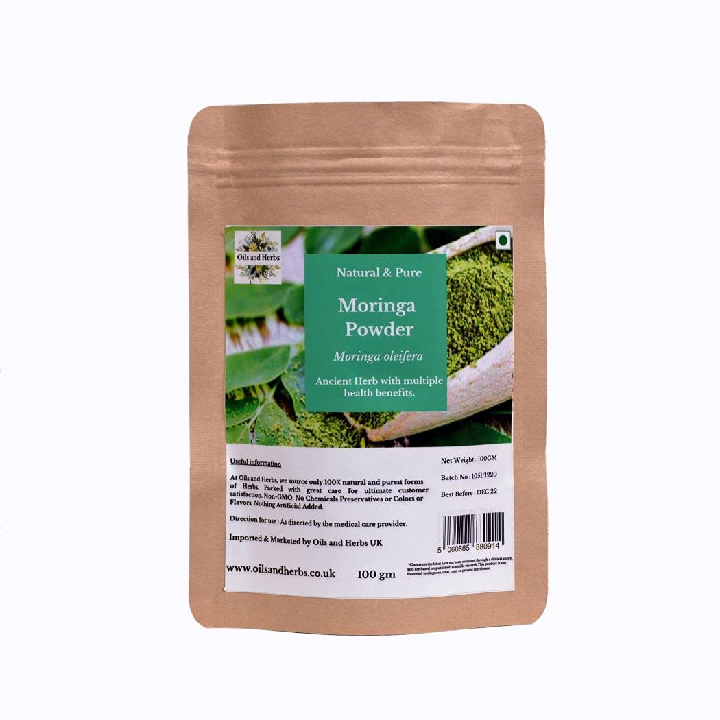 Organic Moringa leaf powder 100gm by oils and Herbs Uk with many healthful compounds such as vitamin A vitamin B1 (thiamine) B2 (riboflavin) B3 (niacin), B-6 folate