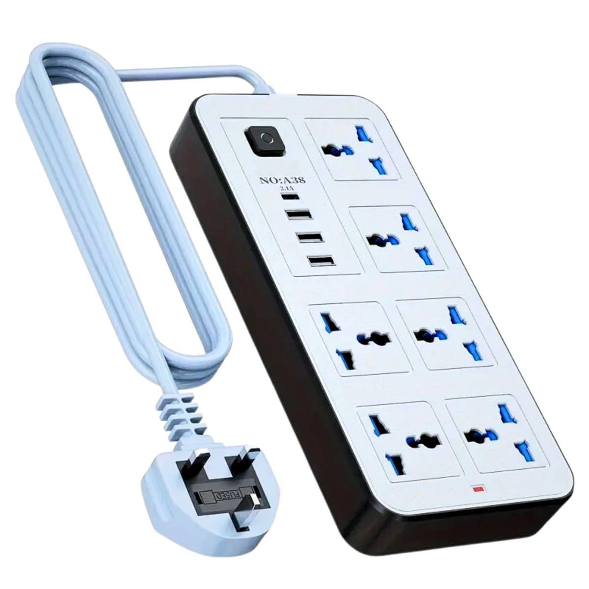 Electrical Power Strip Multiplug Extension Cable 6 Way Outlets, 3 USB Ports, 1 Type-C Port, 2M Extension Lead, 10-in-1 Multi Plug with USB Charging Extension Cord for Home, Kitchen School and Office
