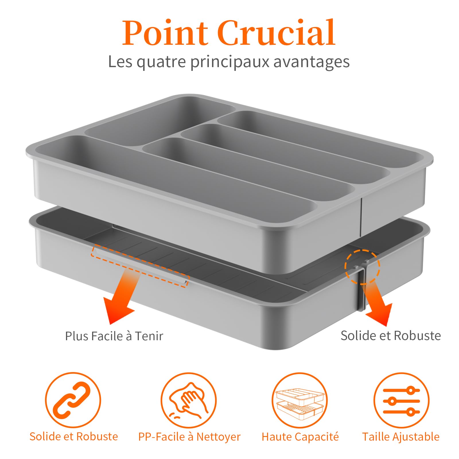 EMSMIL Range-couverts extensible - Organiseur de couverts amovible - Insert à couverts réglable en plastique - Pour cuisine, tiroirs, cuillères, fourchettes, couteaux, fournitures de bureau