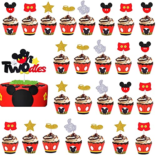 Cartoon Mouse 2Nd Birthday Party Supplies - Oh Twodles Theme Party Decorations Includes Felt Banner,Welcome Hanger Door Sign, Tablecloth,Cake Cupcake Toppers,Mouse Head Balloons, 12" Latex Balloon, Confetti Balloon #TOP5