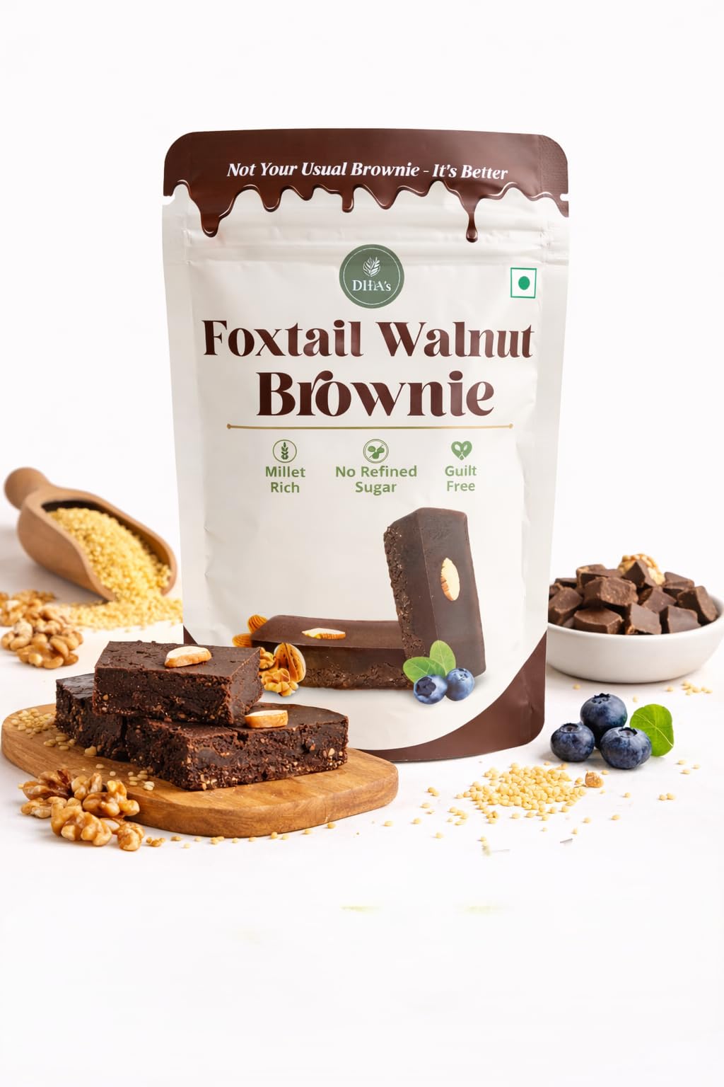 DiHA's Foxtail Walnut Brownie, Millet Rich, No Refined Sugar, Guilt Free, Plant-Based, Dark Chocolate Coating, 80 Grams (Pack of 1, 80, gram)-image-18