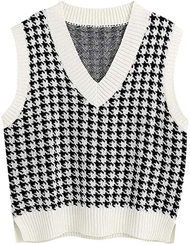 Jlihang Women Houndstooth Knitted Sweater Vest V Neck Casual Loose Oversized Vintage Pullover Tops (White)
