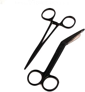 AAProTools Heavy Duty Black Color Lister Bandage Trauma Shears Scissors + Hemostat Forceps Straight Premium Quality (5.5