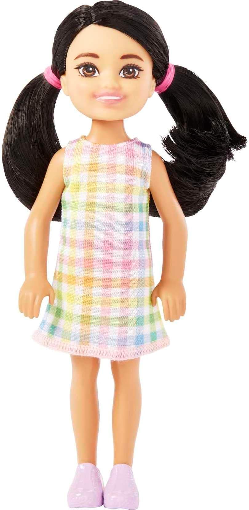 Chelsea Doll, Small Doll with Black Hair in Pigtails & Brown Eyes Wearing Removable Plaid Dress & Pink Shoes