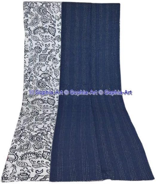 Sophia-Art Indian Feb India Reversible Bedspread Pattern Floral Print Bed Cover Gudri Pure Cotton Kantha Style Decorative Kantha Stitch Quilt (Blue, King 90 * 108 Inches)