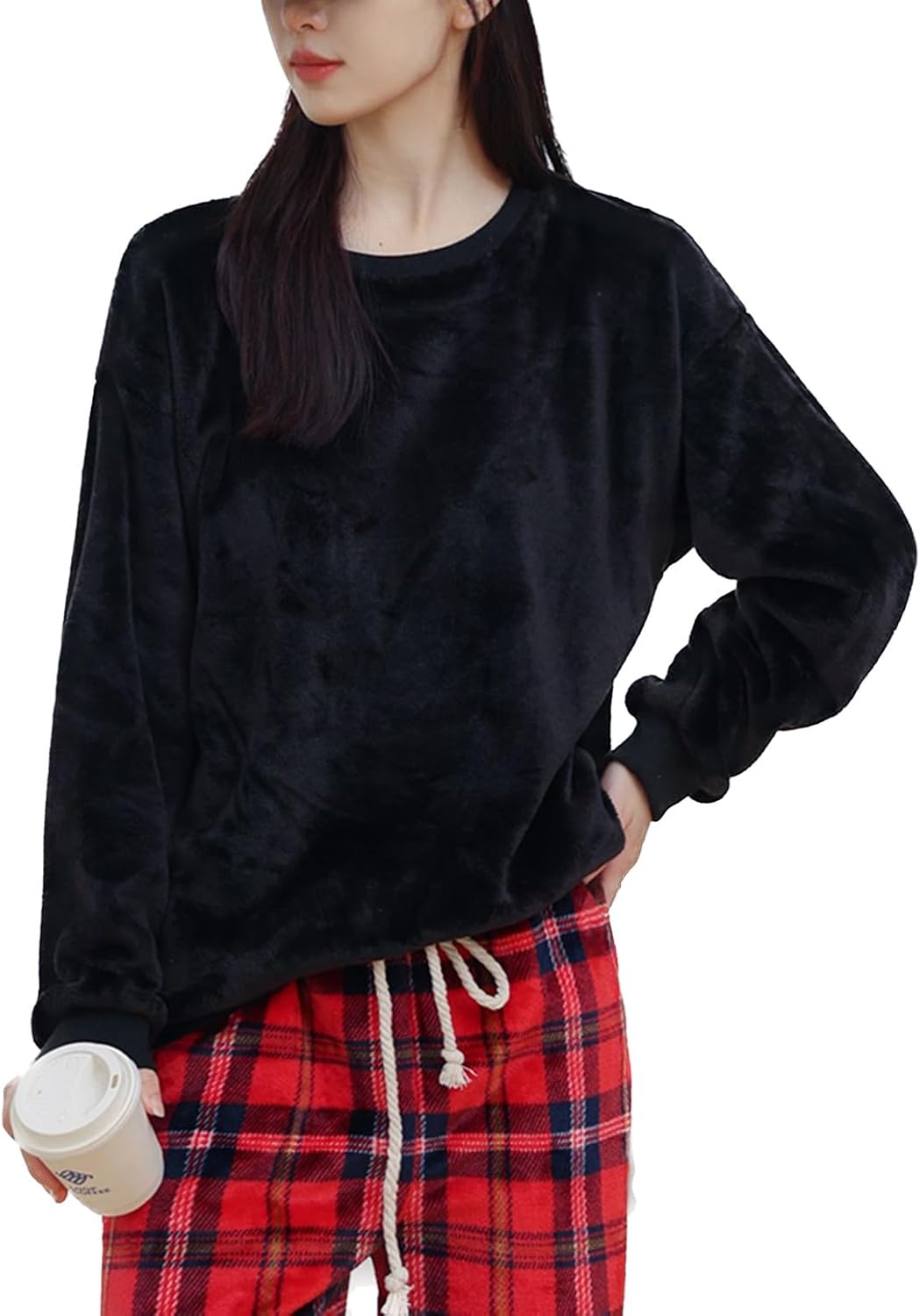Women's Cute Pjs Tops Fleece Pajamas Long Sleeve Soft Comfy Warm Loose Sleeping Trendy Spring Pajama Tops